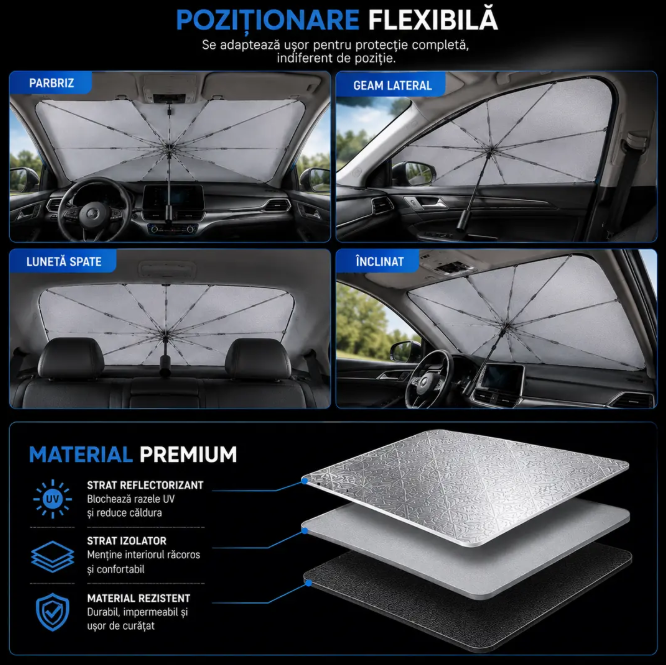 Protecție rapidă împotriva căldurii extreme - Parasolar Auto Tip Umbrelă