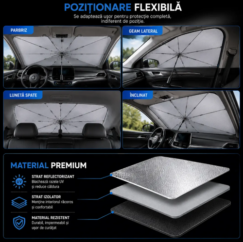 Protecție rapidă împotriva căldurii extreme - Parasolar Auto Tip Umbrelă