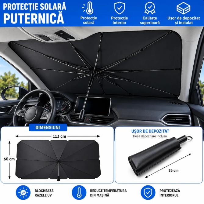 Protecție rapidă împotriva căldurii extreme - Parasolar Auto Tip Umbrelă