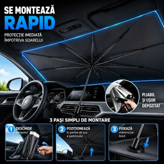 Protecție rapidă împotriva căldurii extreme - Parasolar Auto Tip Umbrelă