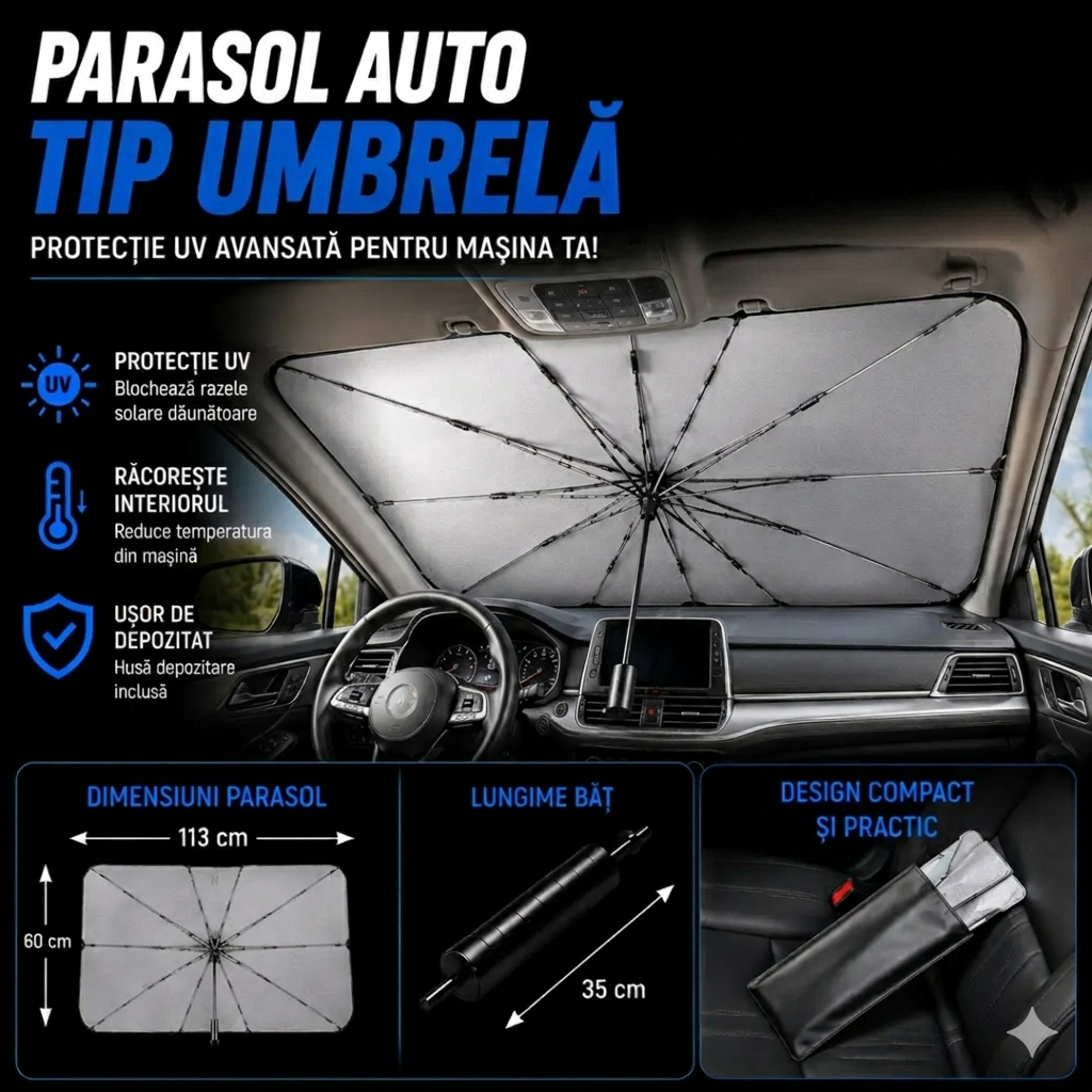 Protecție rapidă împotriva căldurii extreme - Parasolar Auto Tip Umbrelă